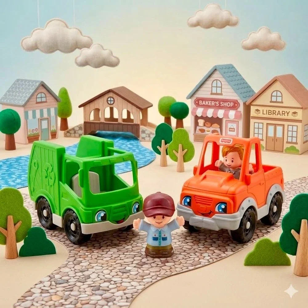 Fisher Price Little People Pickup & Recycling Garbage Truck Lot w/ Figures LP